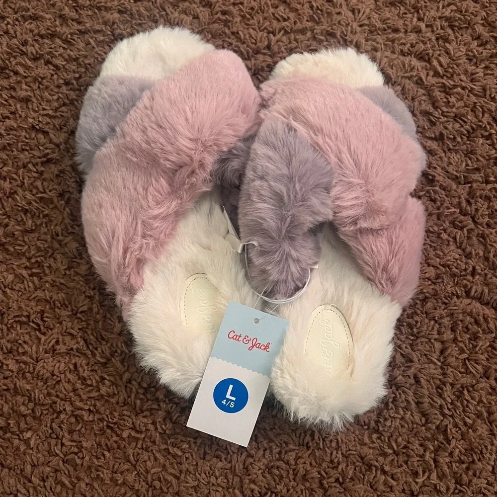 Cat & Jack Slide Slippers Girl Crossband Faux Fur Lavender Gray Size Large NWT‎